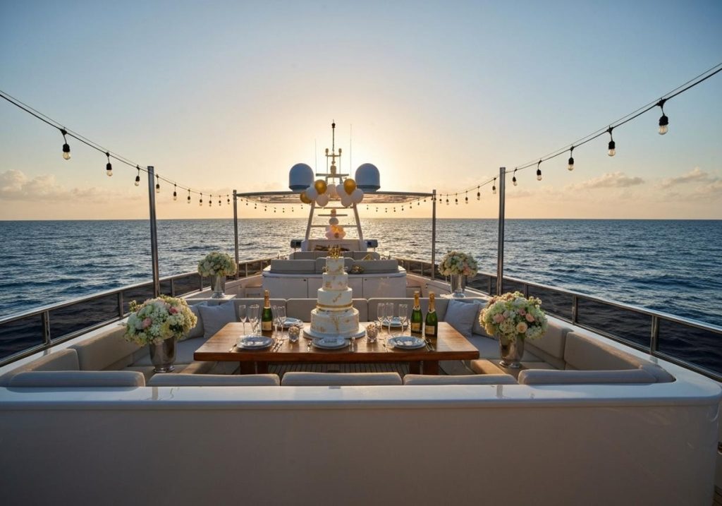 Luxury yacht deck set up for a celebration with cake, champagne, and ocean views