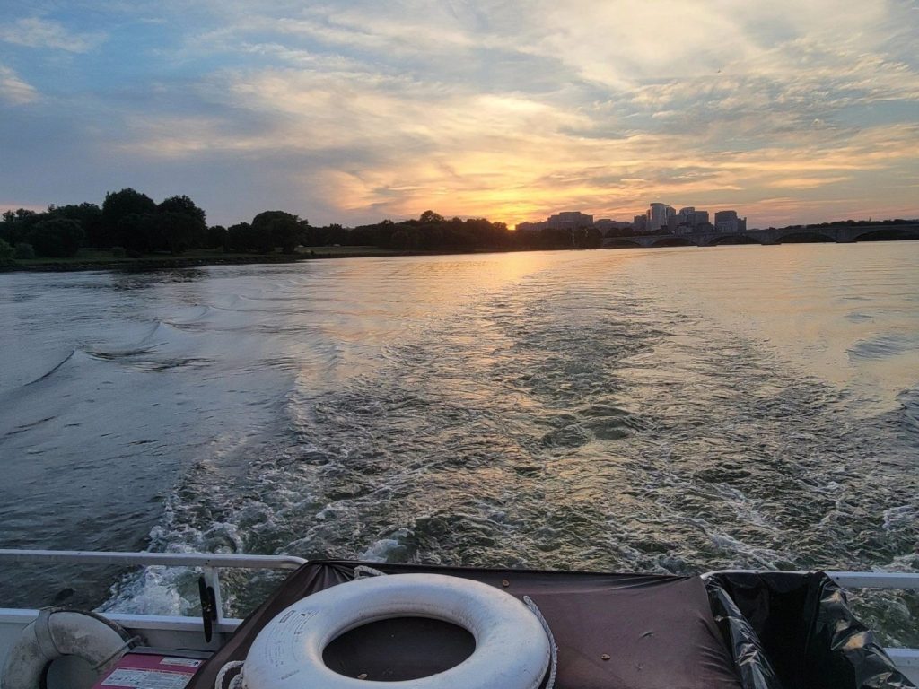 Potomac River sunset cruise view of Washington DC skyline with RelaxBoatz